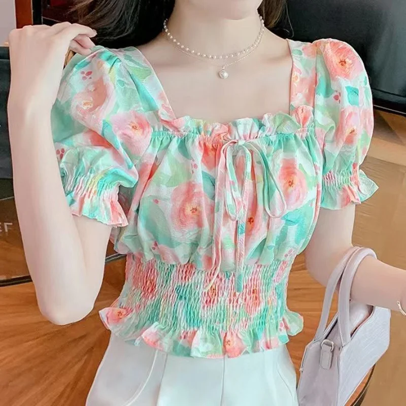 Lacing Short Sleeve Printing Blouse Summer New All-match Slim Pleated Fashion Short Shirt Tops Elegant Sweet Women Clothing