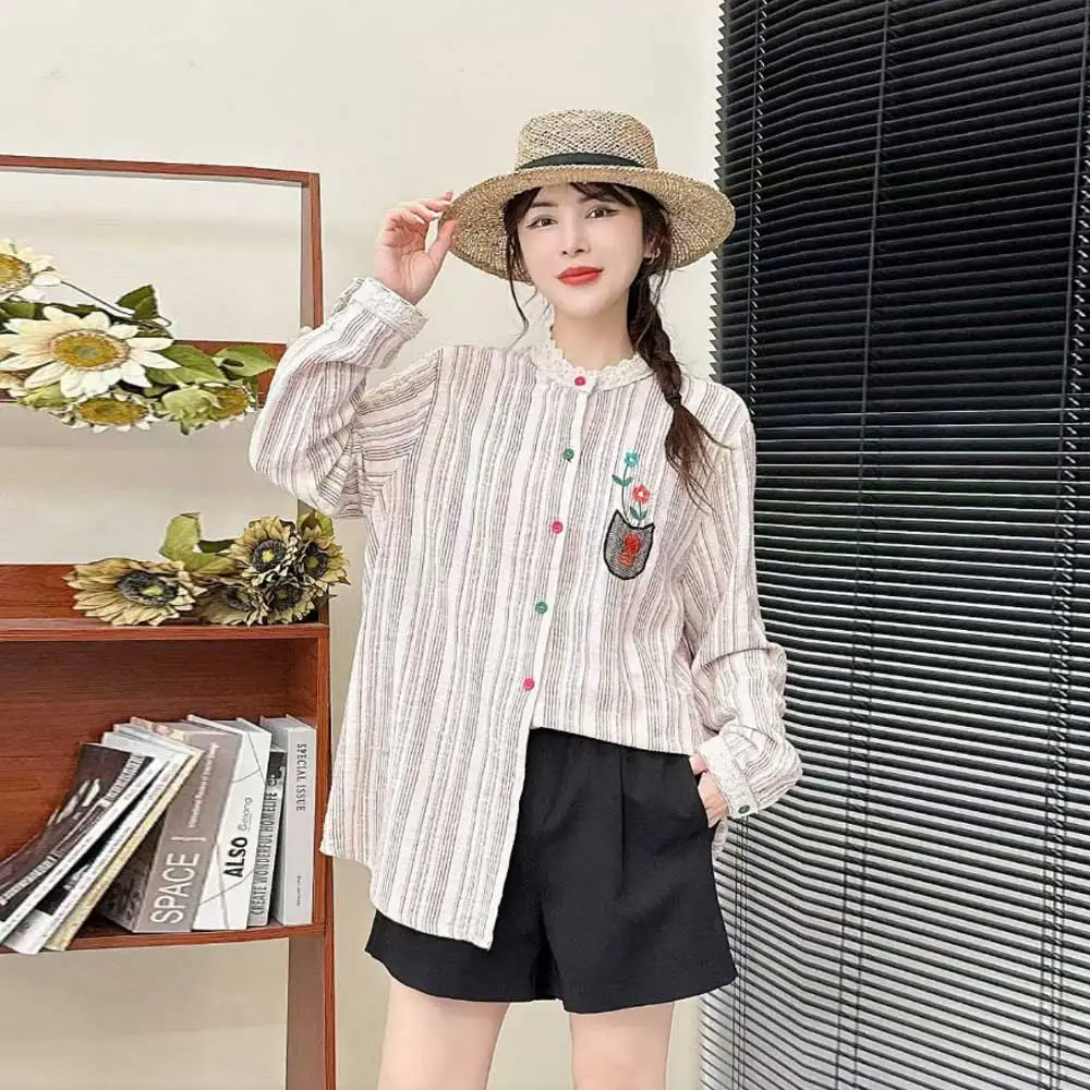 

Японские милые хлопковые рубашки Mori Girl в винтажном полоску с мультяшной цветочной вышивкой, женские осенние повседневные свободные блузки с длинными рукавами