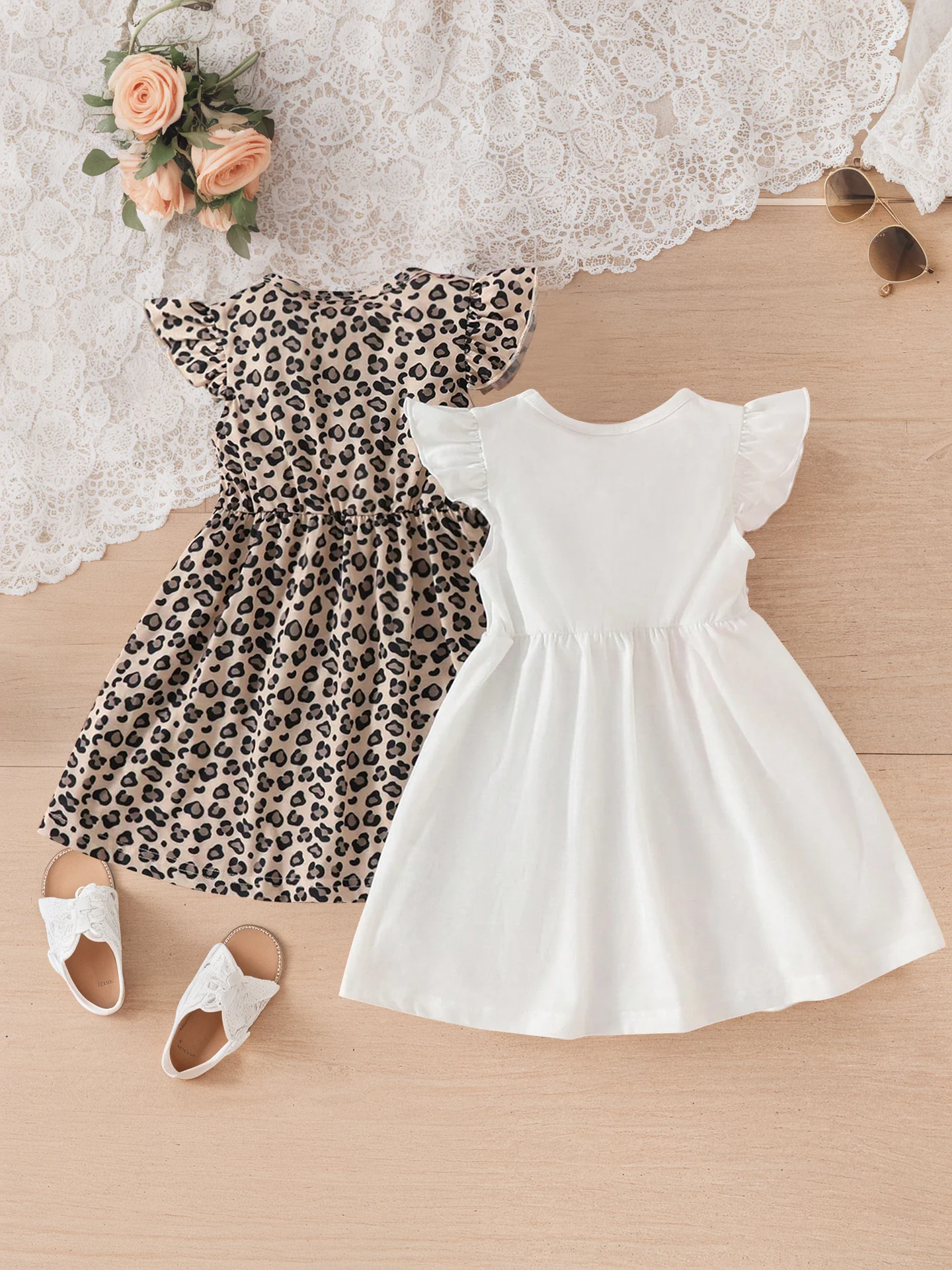 Summer Leopard Dress Girl's 2 Piece Pack 7-14 Years School Girl's Casual Dresses Kids A Line Clothes Cute Cat Graphic Outfits