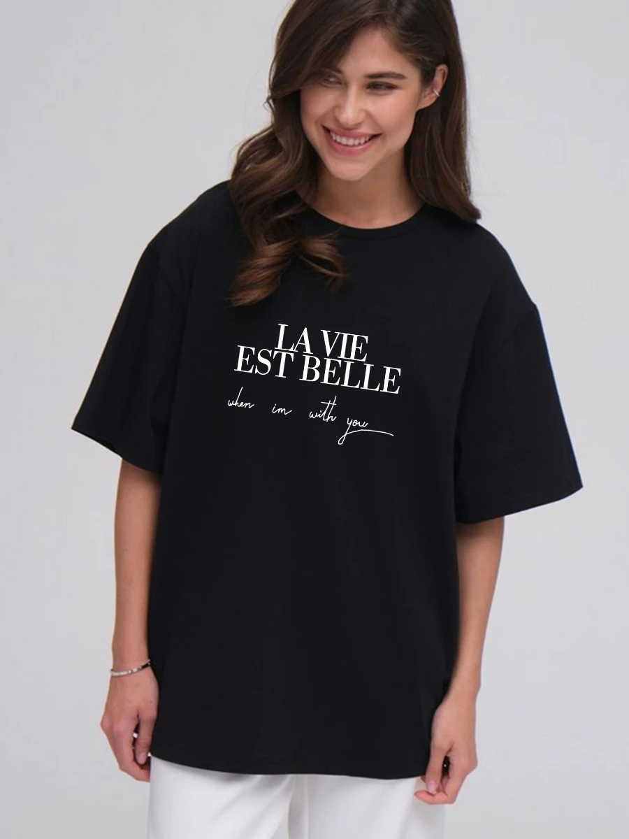 Women's Vintage Letter Print Oversized Cotton T-Shirt - Short Sleeve Tee