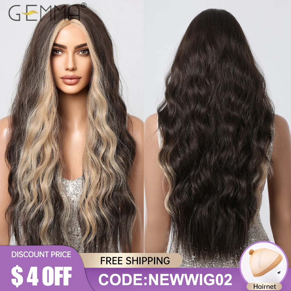 

GEMMA Blonde Highlight Synthetic Wig Dark Brown Long Curly Wigs for Women Natural Cosplay Daily Wavy Hair Wig Heat Resistant