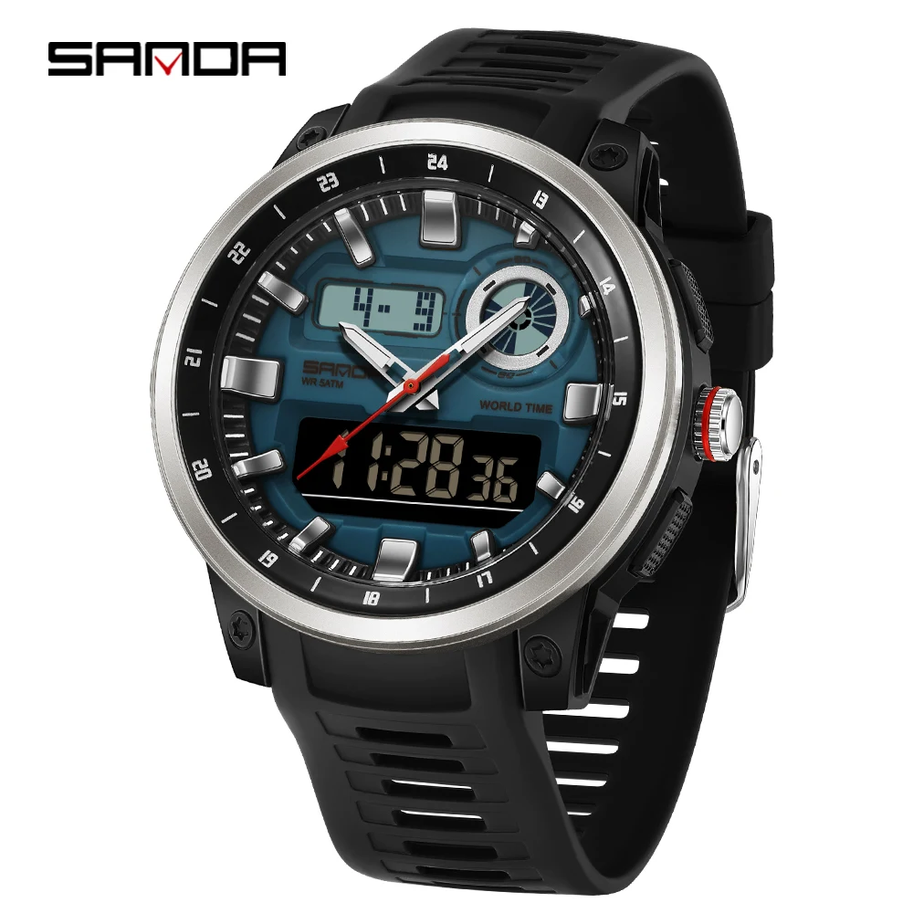 

SANDA повседневные мужские электронные часы водонепроницаемые светодиодные двойной дисплей модные мужские электронные часы будильник