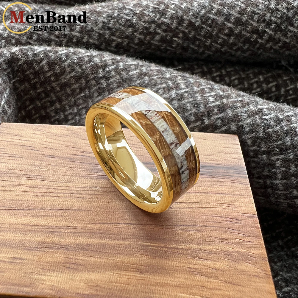 MenBand 8mm Black Tungsten Ring for Men Women Wedding Band Fashion Jewelry Whisky Barrel Wood Deer Antler Inlay