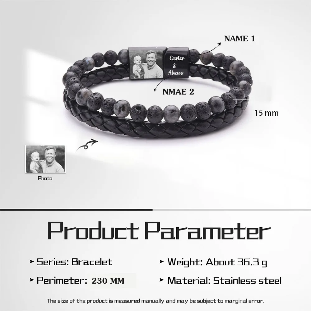 Personalize Men Photo Bracelets with Beads 2 Names Charm Bangle Black Stackable Jewelry Gift for Father Dad Grandpa Son