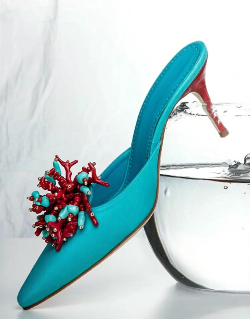 Bright Blue Open-Back Heeled Sandals Coral Turquoise Bead Accent Stiletto Heel Pointed-Toe Elegant for Beach Vacations view 2