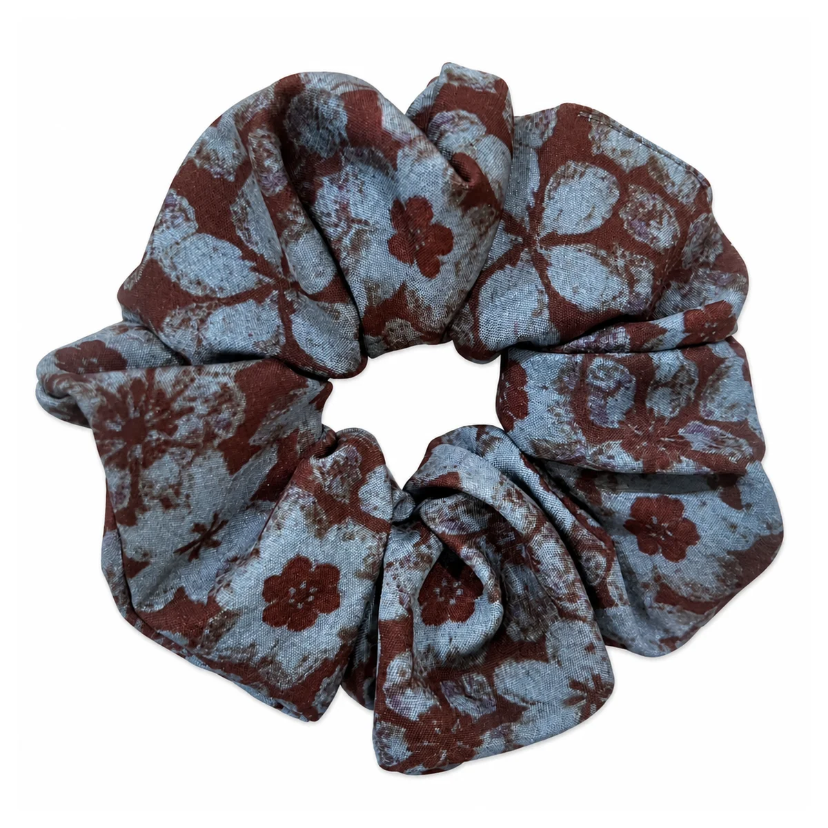 dusty-blue-gray-deep-cocoa-burgundy-weathered-floral-wide-single-layer-hair-scrunchie