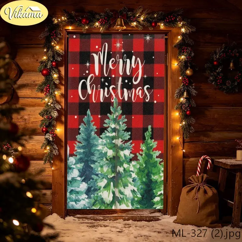 Red Black Plaid Merry Christmas Fabric Door Curtain Hanging Door Cover Winter Holiday Decor for Home Entryway Xmas Front Door