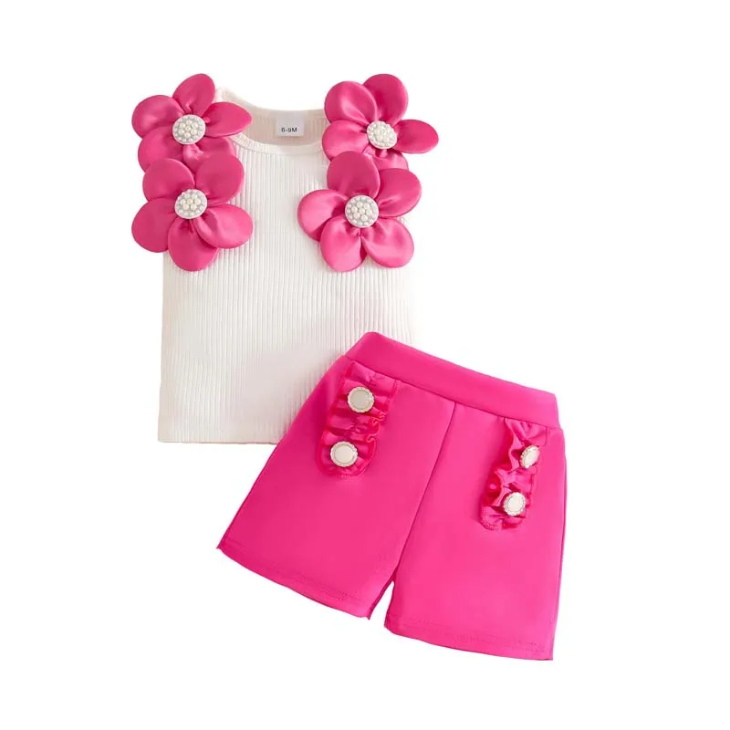 1–3 Years Baby Girl Clothes Sets Outfits Sleeveless Floral-Print Ribbed Top+Shorts 2-Piece Summer Toddler Girl Clothing