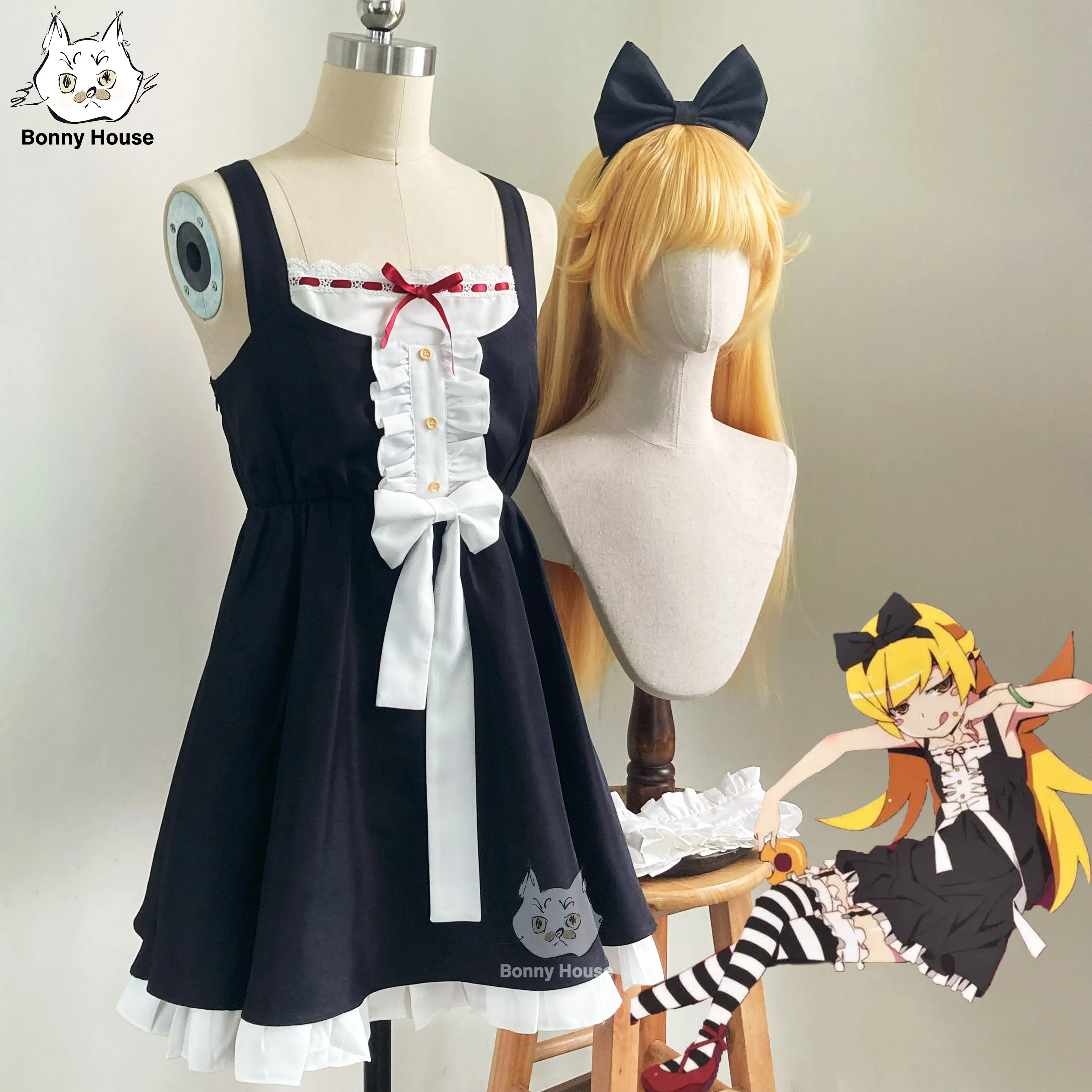 Disfraz de Cosplay de Shinobu Oshino de la Serie Monogatari, Vestido Blanco y Negro con Lazo, Anime Bakemonogatari, Traje de Halloween para Mujer