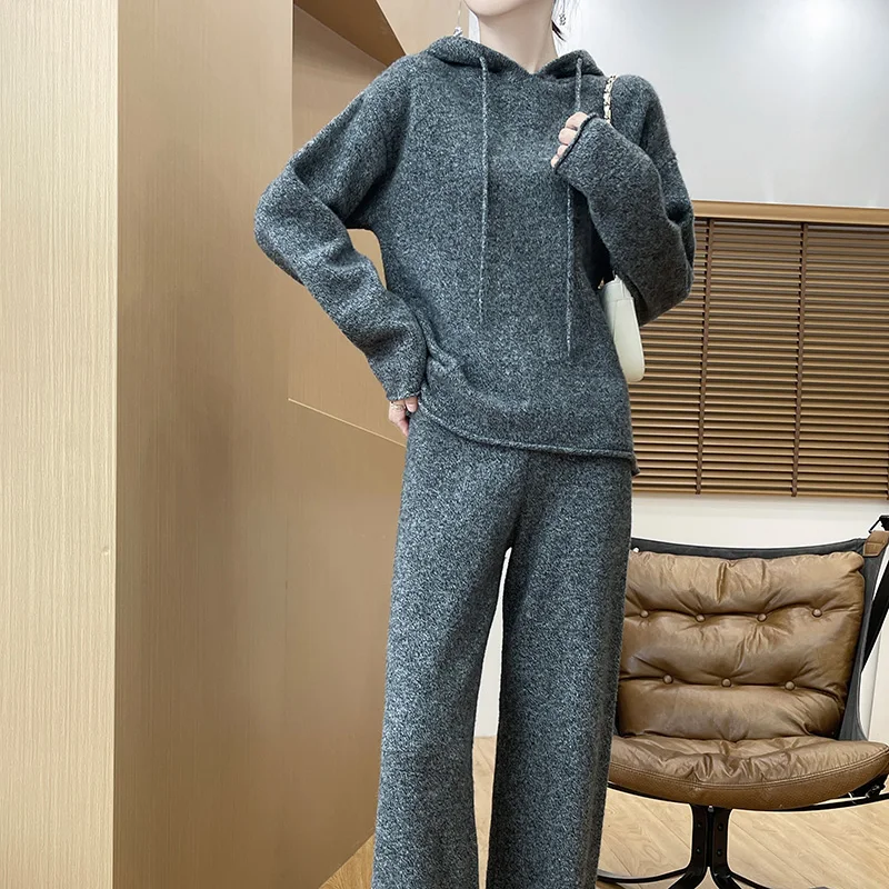 Women's Hooded Sweater Wool Pullover Pants Suit 100% Merino Wool Knitwear Long Sleeve Autumn Winter Casual Solid Hoodie Set