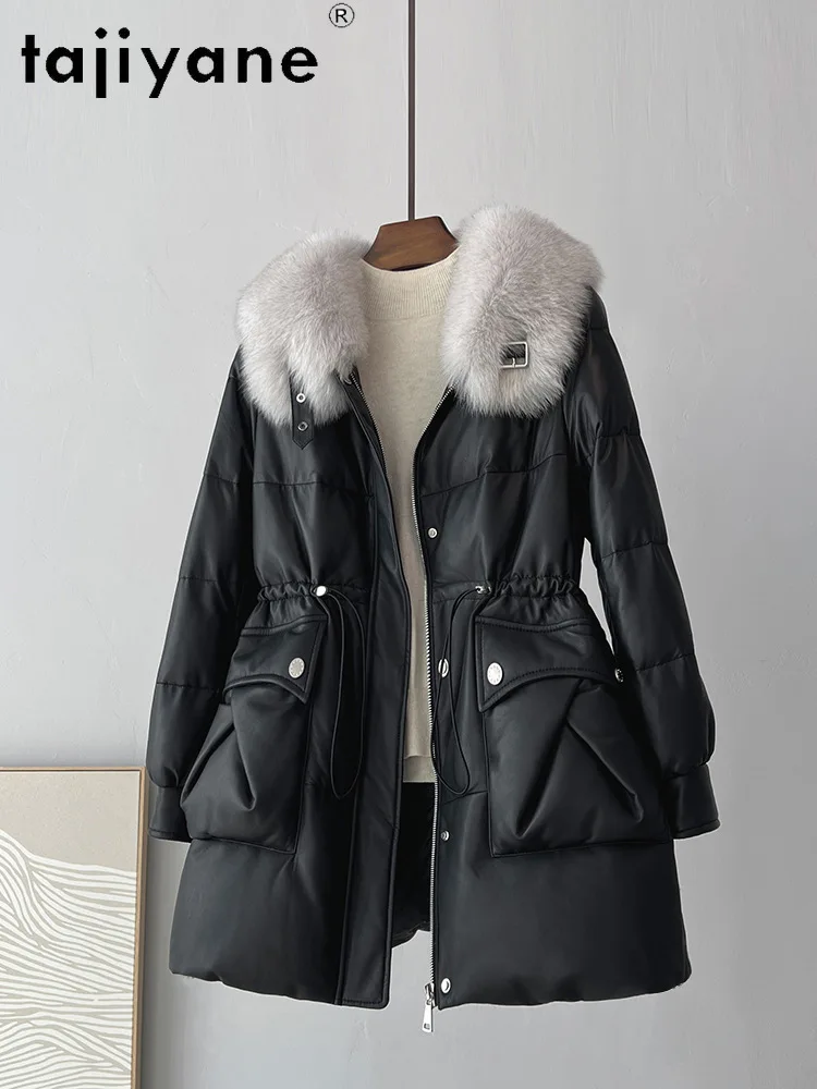 Tajiyane Genuine Sheepskin Leather Down Jackets for Women Winter Mid-length Real Leather Jacket Loose Down Coats Fox Fur Collar