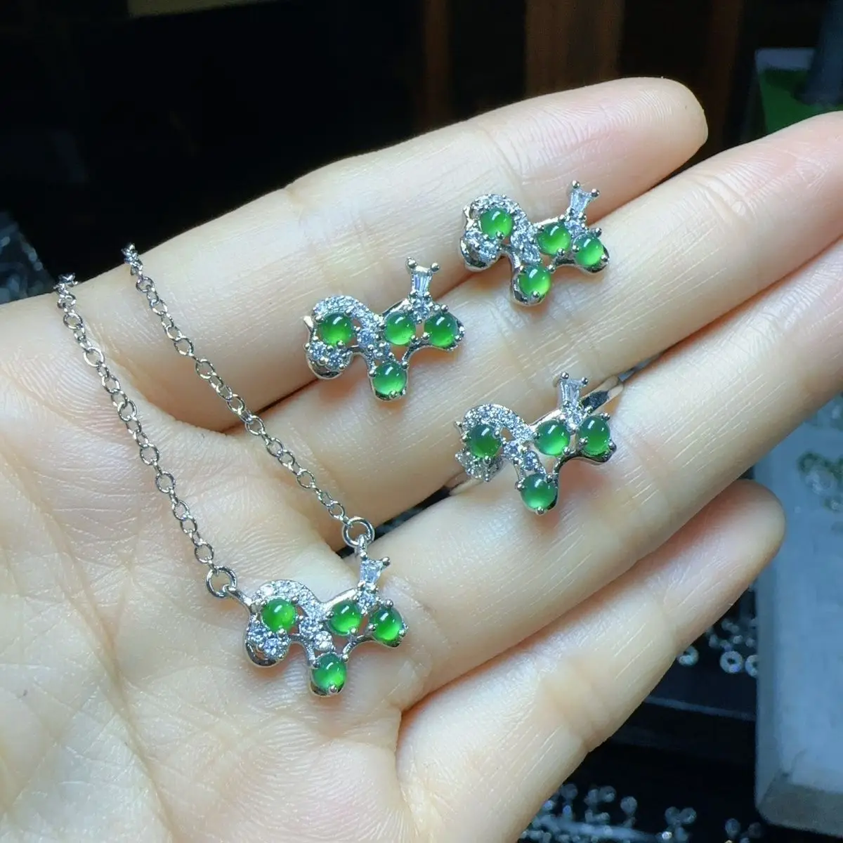 Natural A jadeite ice green egg surface pony stud earrings pendant necklace three-piece set