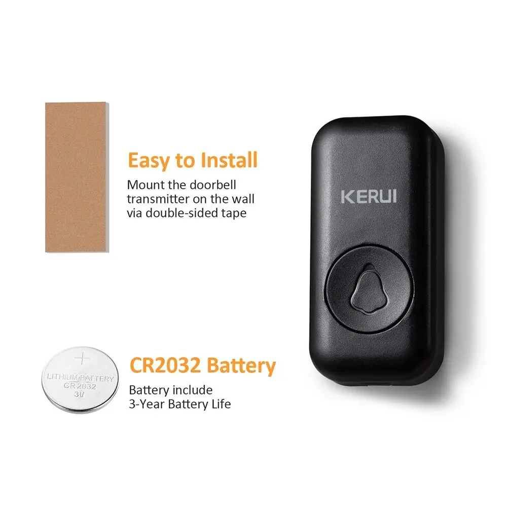 KERUI Wireless Doorbell Waterproof Push Button 57 Chimes 110dB Loud Sound Smart Home Door Bell with 1 Receiver & 2 Buttons