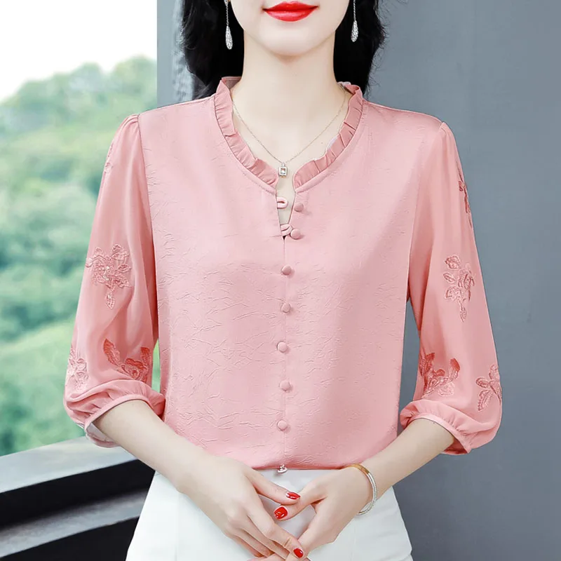 

Elegant Fashion Women Blouse 3/4 Sleeve Ruffles Collar Patchwork Chiffon Shirt 2025 Summer Embroidery Tops