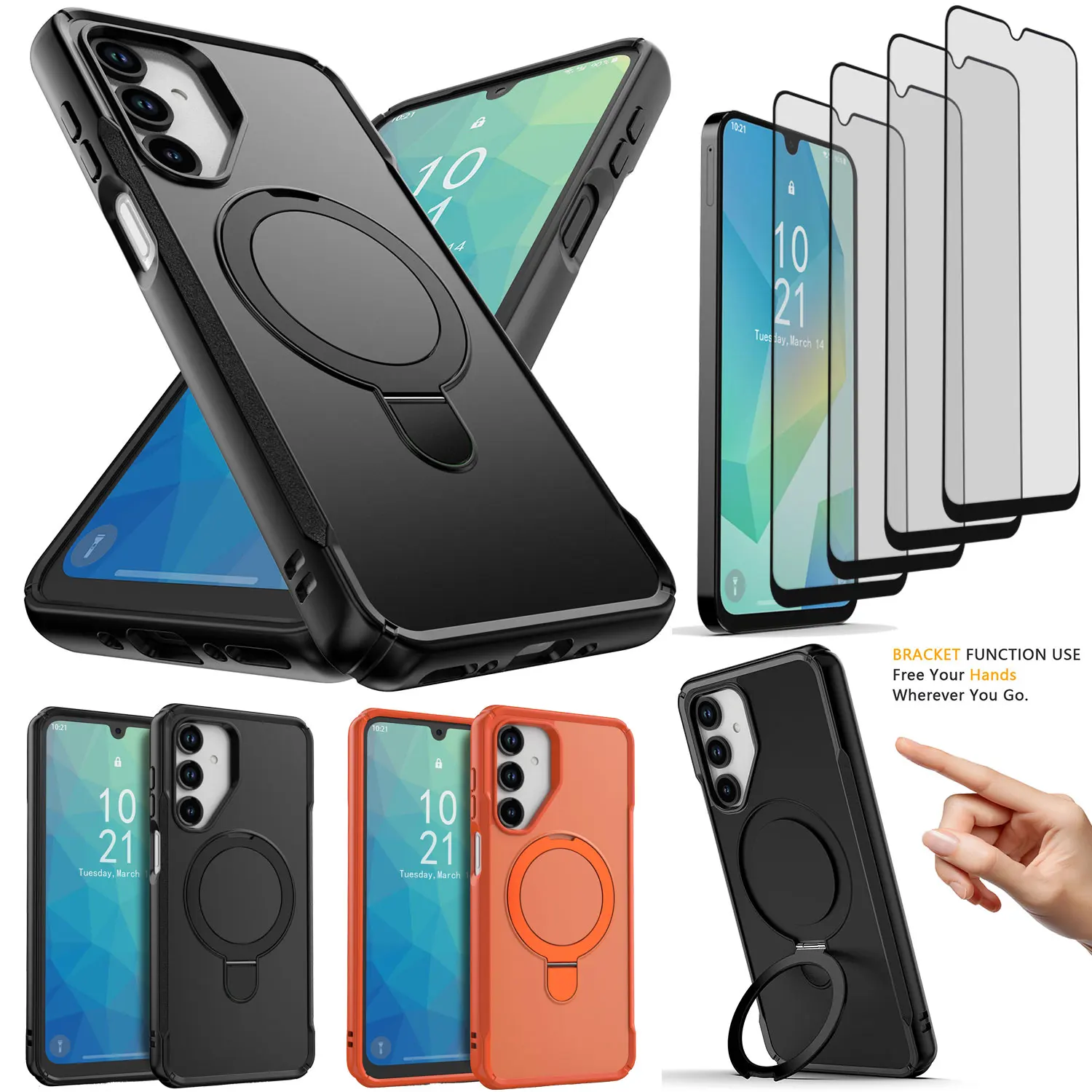 

Чехол-подставка с кольцом для Samsung Galaxy A16, ударопрочный, магнитный, усиленный, + 4 шт. прозрачных защитных стекол из закаленного стекла