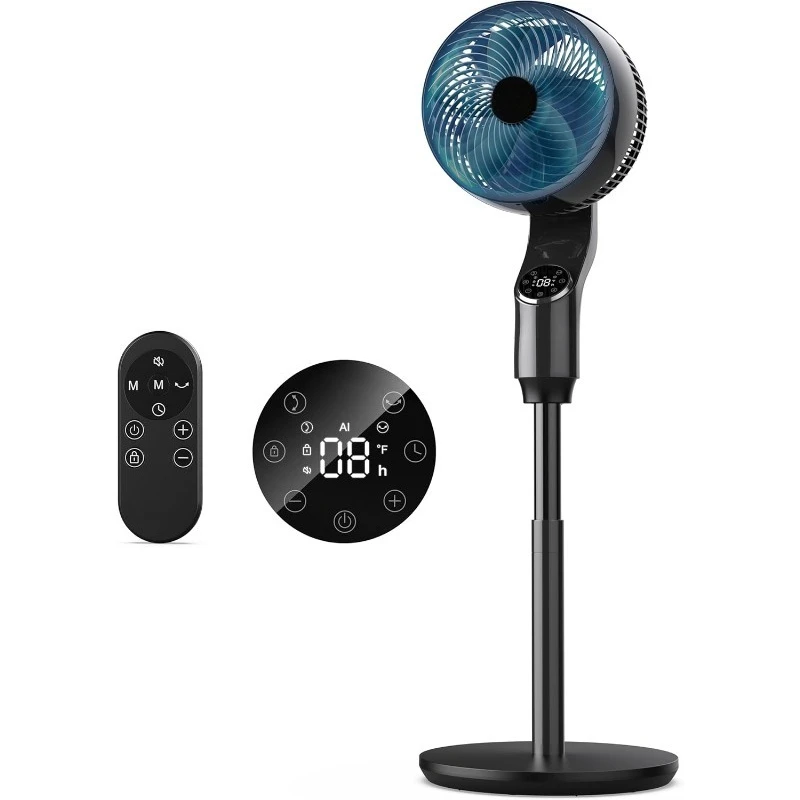 

Fan for Bedroom, 70° Oscillating Standing Fan, 100ft Quiet Pedestal Fans for Home Office, 85° Manual Vertical, Touch+Remote,