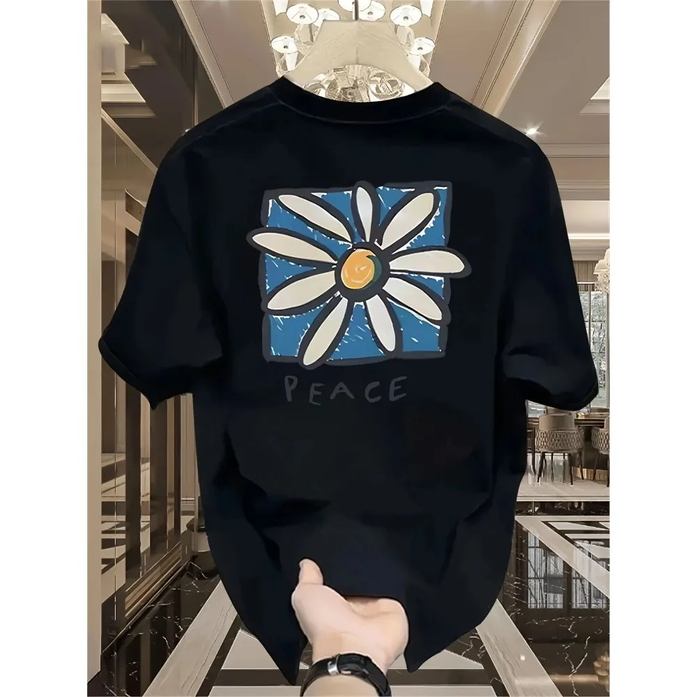2026 Vintage Daisy Peace Graphic Printed Round Neck T-shirt Casual Pure Cotton Short Sleeve Harajuku Streetwear Unisex Tops Tees
