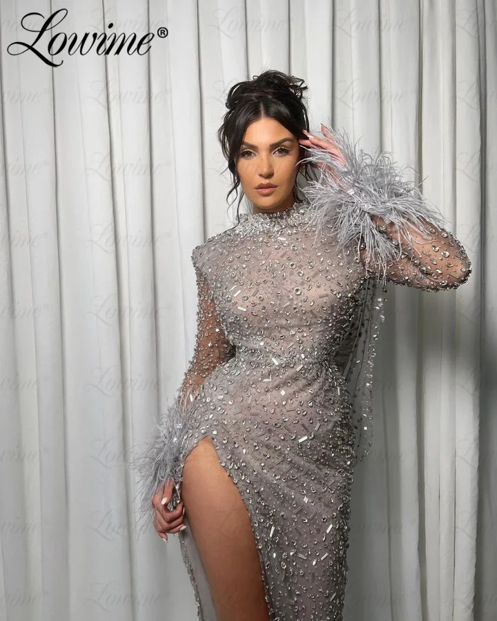 Feathers Heavy Crystals and Stones Women Evening Dress Long Sleeve High Split Mermaid Party Gowns Couture Luxury Celebrity Dress