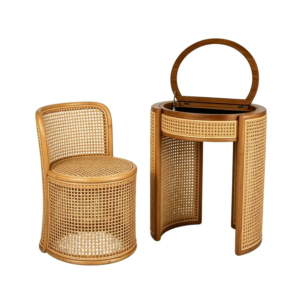 #High-End Custom Wood Rattan Bathroom Makeup Vanity Set Wicker Kids Dressing Table with Mirror and Storage for Salon Beauty Shop