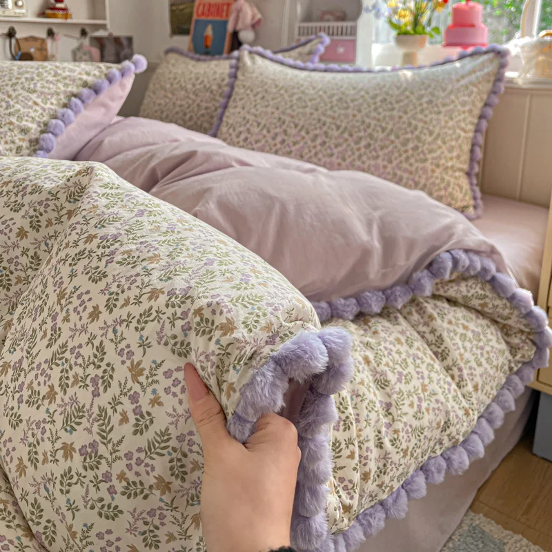 Flower Printed Duvet Cover French Style Pom-Pom Fring Quilt Cover Single/Full/Queen High Quality funda nordica 150 cama 이불커버