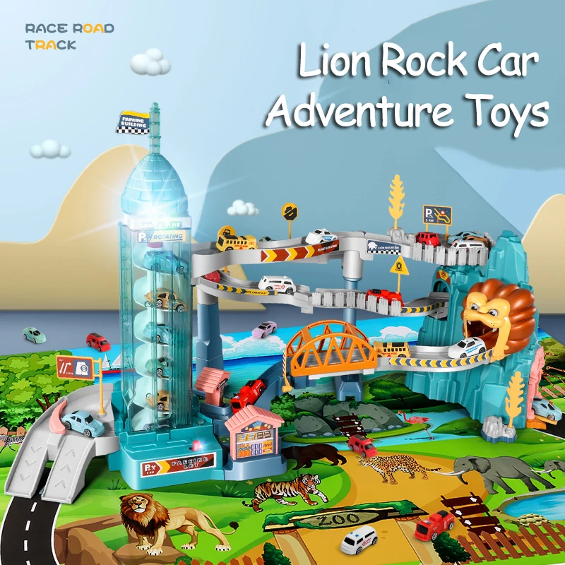 Animal Lion Electric Rail Car Dinosaur Curved Road Track Rail Car Puzzle Toys Adventure Winding Road Drive Toys for Children