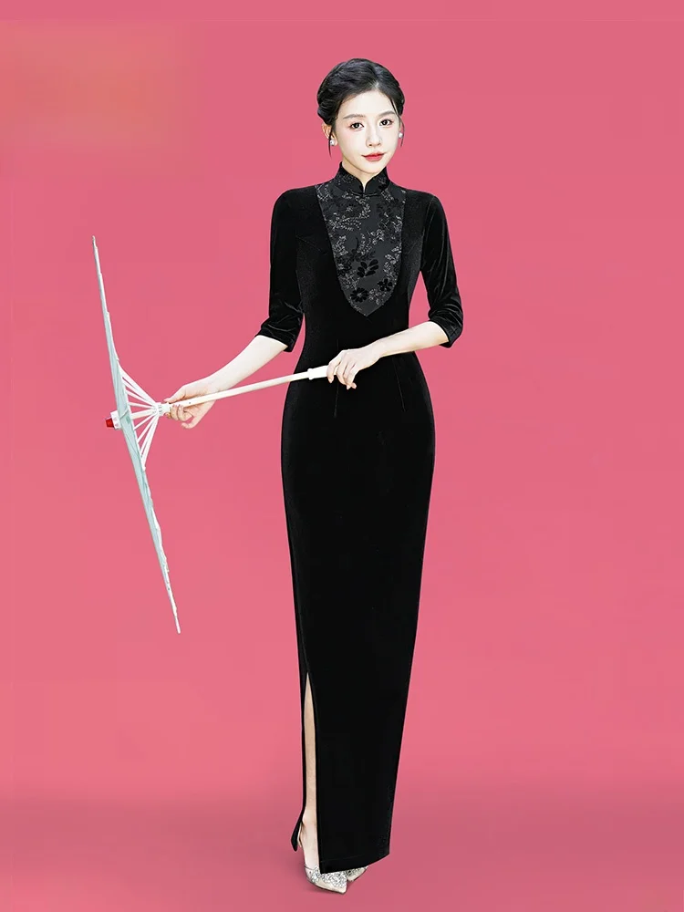 

Ele Long Qipao Stage Performance Costume Women's Slim Fit Velvet No Ironing Required owcases Chinese Faion