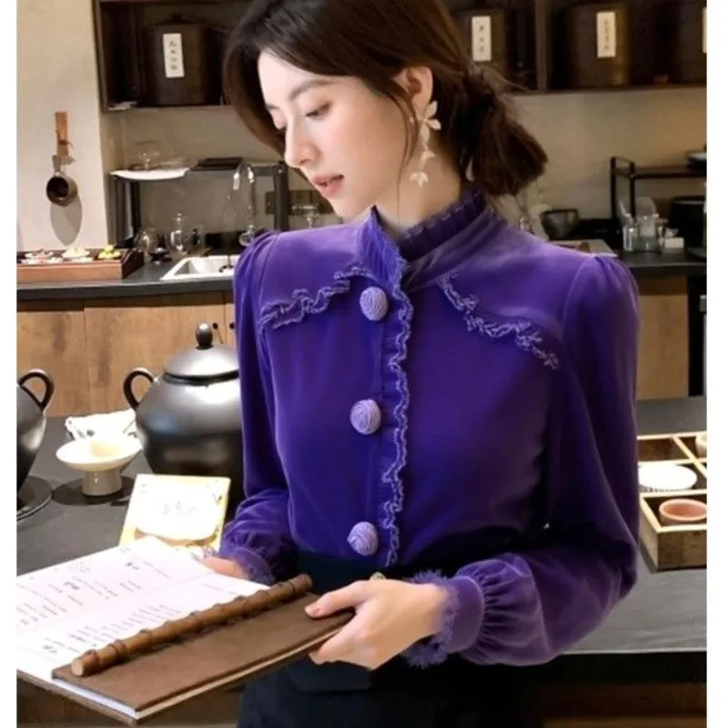 Purple Three-dimensional Floral Velvet Shirt with French Design Sense Light Luxury Niche Style and High-end Feel Women's Winter