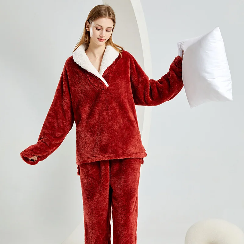 Lapel Loose Women's Pajamas Set Women's Coral Fleece Pajamas Cross-border Autumn Winter Lounge  Thickened Large-size Loungewear