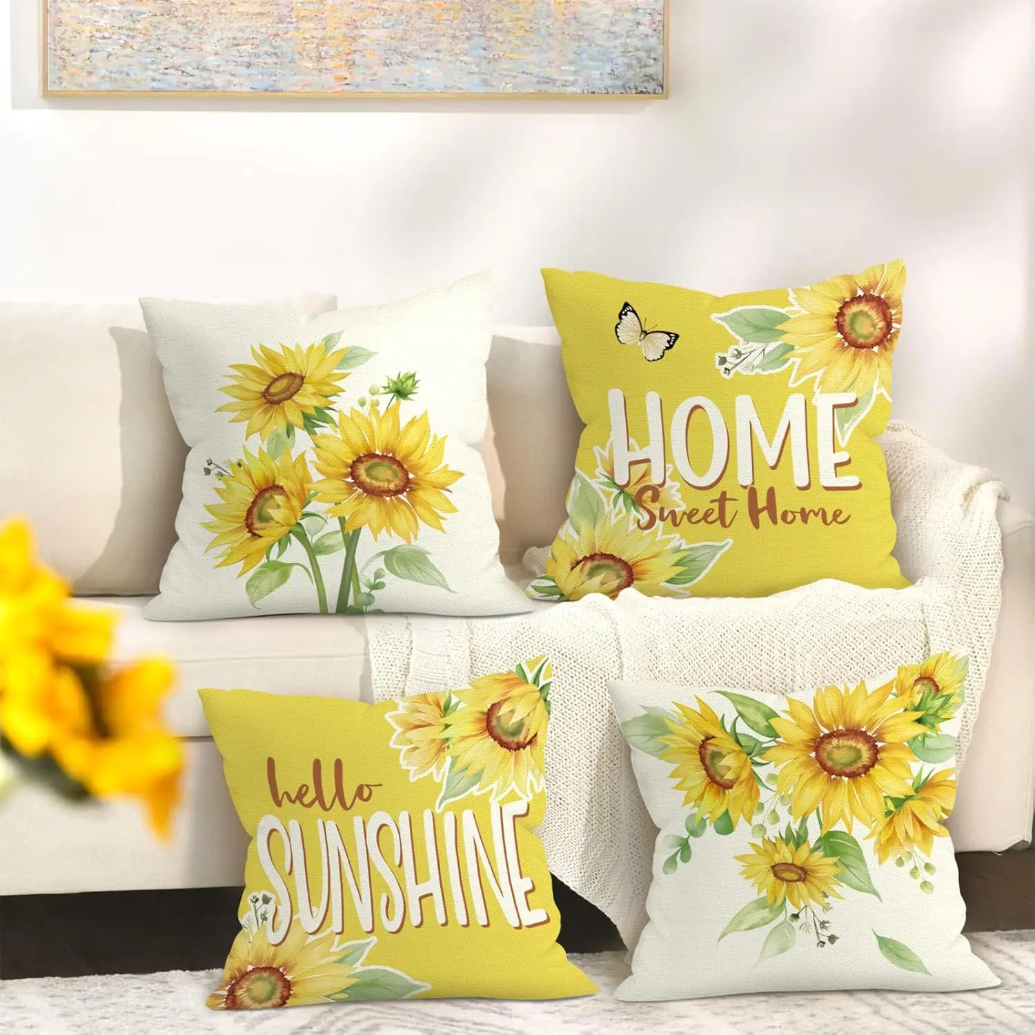 

4pcs Sunflower Hello Sunshine Home Sweet Home Printed Pillow Cover Polyester Cushion Case 2D Flat Garden Farmhouse Decor Now