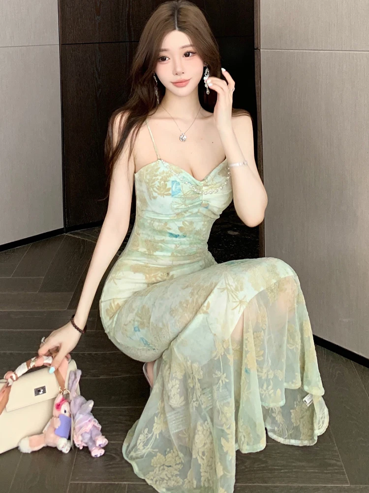 المرأة الأخضر الأزهار شبكة شيك حبال مثير فستان طويل الصيف بوهو فستان مناسبات أنيقة 2025 الكورية أنيقة Bodycon فساتين غير رسمية #3