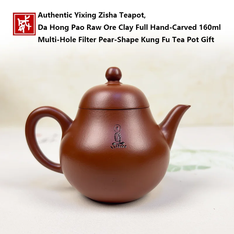 Authentic Yixing Zisha Teapot, Da Hong Pao Raw Ore Clay Full Hand‑Carved 160ml Multi‑Hole Filter Pear‑Shape Kung Fu Tea Pot Gift