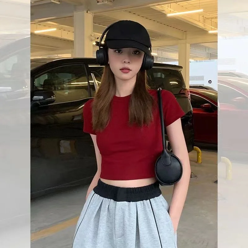 

Short Sleeve T-shirt Women Summer Spicy Girl Slim Fit Short Belly Exposing Red Top Trendy Comfortable Casual Style