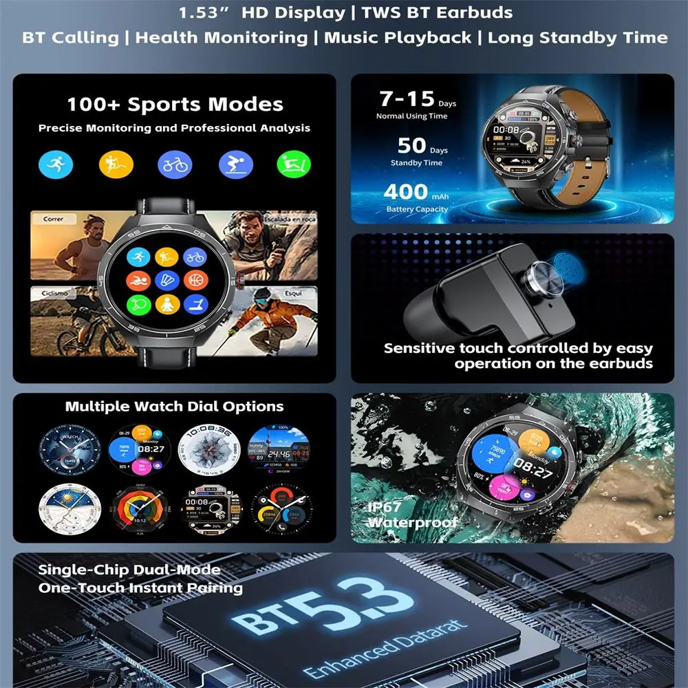 ساعة ذكية جديدة للرجال TWS 2 في 1 سماعات بلوتوث مع مكبر صوت مدمج HIFI 1.53HD شاشة بلوتوث مكالمة IP67 مقاومة للماء