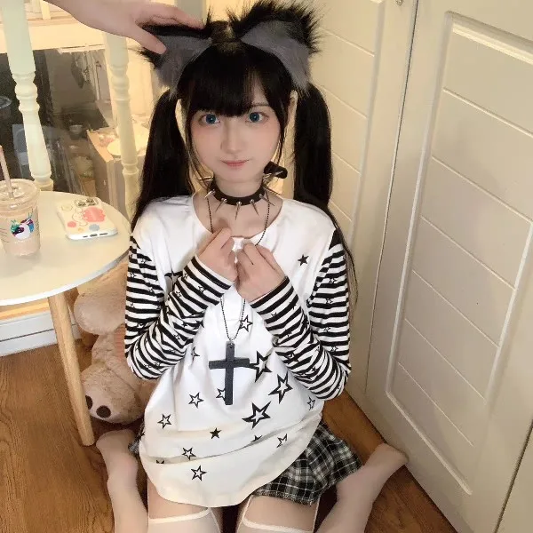 جديد اليابانية فتاة باردة موضة ليتل ستار نمط Harajuku لطيف غير النظامية شريط الربط سليم كم طويل Kawaii تي شيرت أبيض