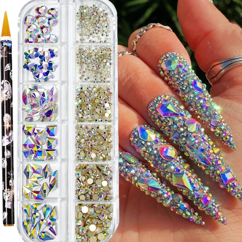 12 Gitter/Box rosa runde Luxus Nail Art Strass mit 1 Stück Wachs Punkt Diamant Stift Kristall Set 950-1020 Stück Mischungen-Größe rosa Stein