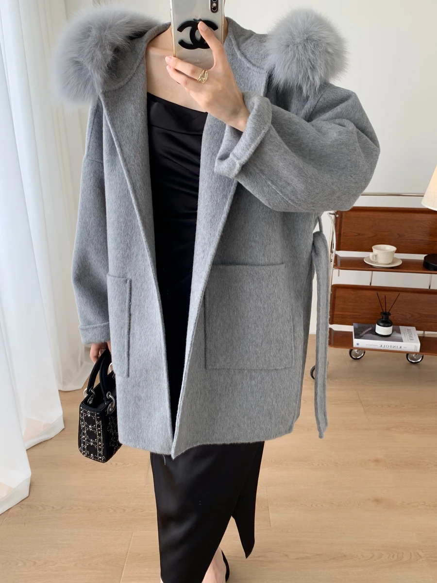 2024 New Oversize Ladies Outerwear Real Fur Coat Winter Jacket Women Natural Fox Fur Collar Cuffs Hood Cashmere Wool Woolen