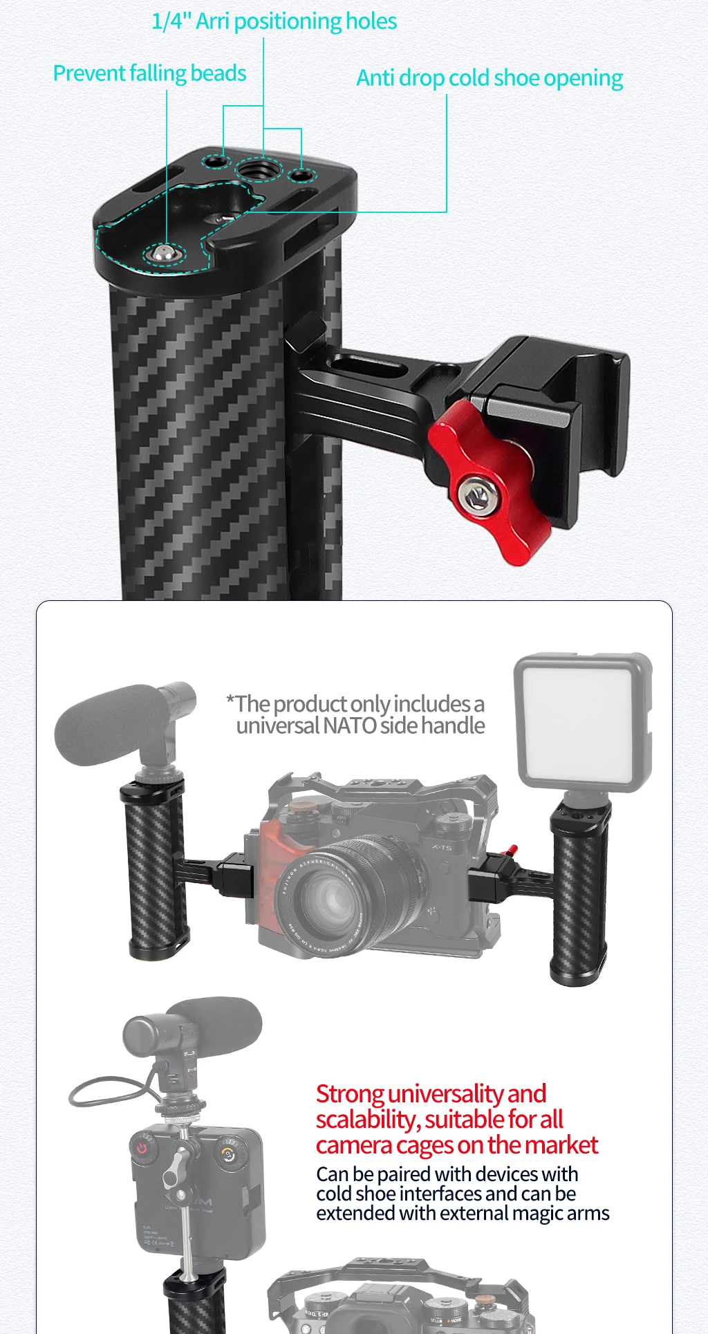 Leichte NATO-Schienenklemme, seitlicher Griff oben, Schnellverschluss-Aluminiumlegierung für Sony Canon Nikon DSLR-Videokamera-Käfig-Rigs – Detail 5