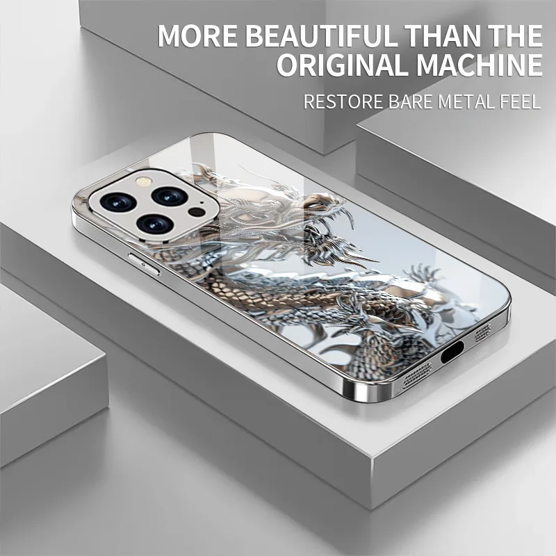 

Silver Chinese dragon metal-look electroplated glass phone case, suitable for iPhone 17, 16, 15, 14, 13, 12, 11, etc.