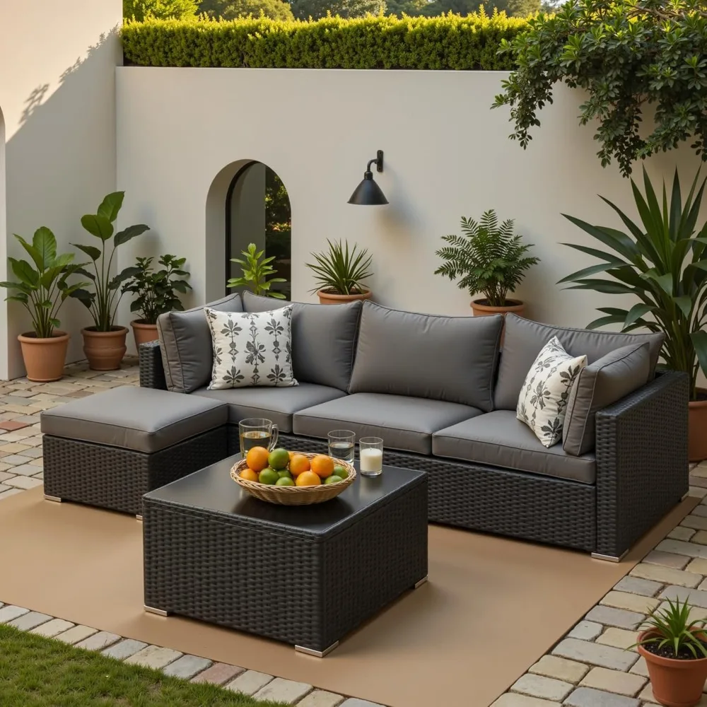 

Patio Furniture Set, 5PCS Outdoor Sectional with Ottoman Wicker Rattan Patio Couch with Thickened Cushion Modular Wicker Patio C