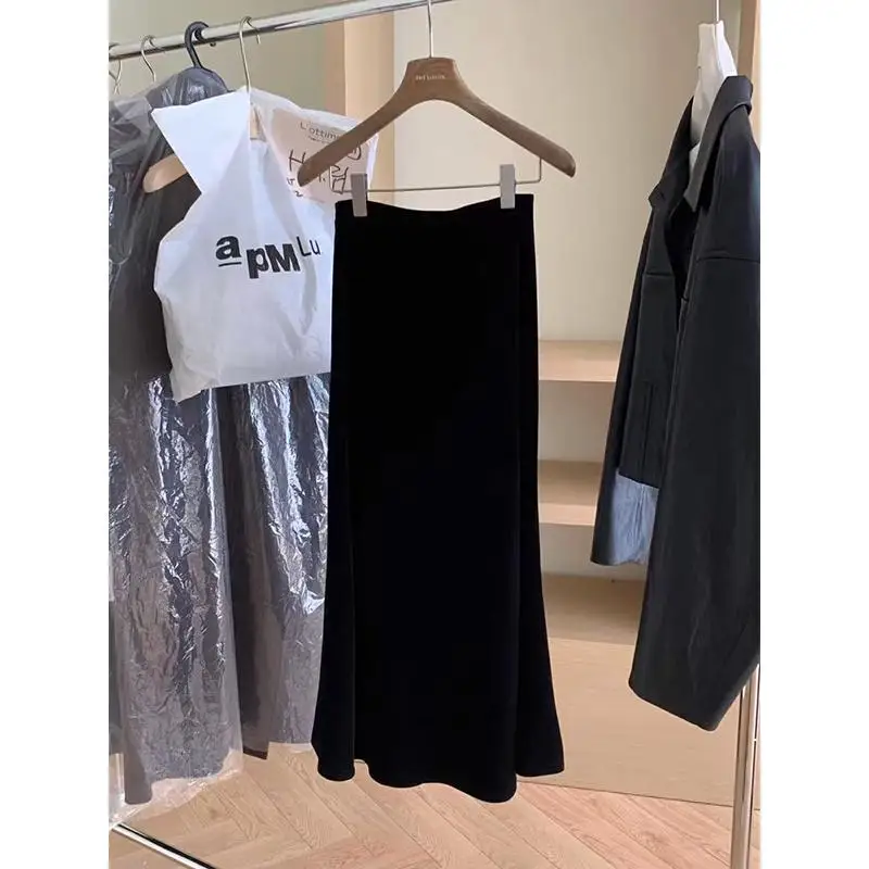 

Элегантная женская бархатная юбка с высокой талией, осенне-зимняя, А-силуэт, миди, стройнящая, с эффектом драпировки, для офиса, из утолщенной ткани