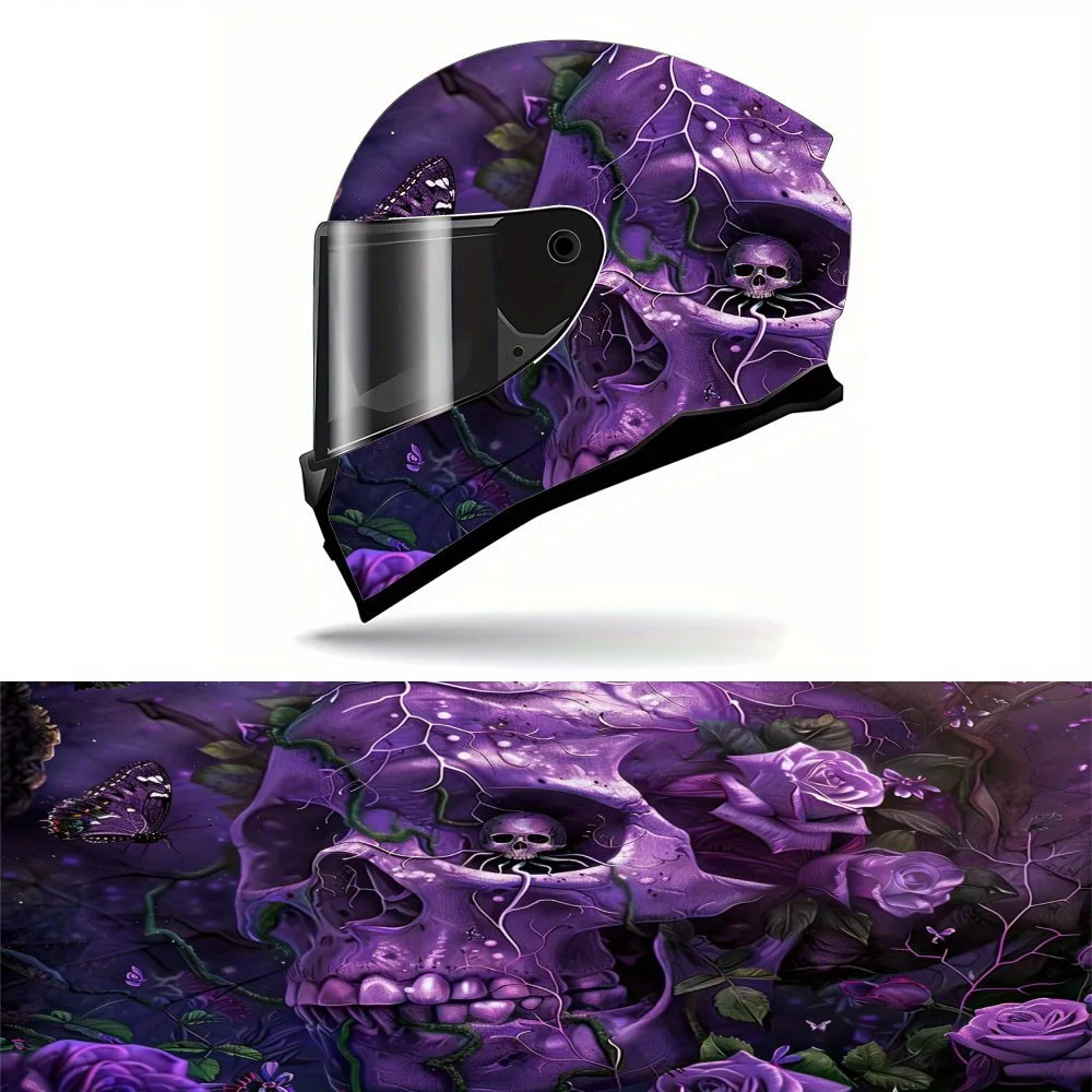 

Full Helmet Purple Skull & Flower Graphics - Mysterious,Deterrent Full Wrap Stickers For Motorcycle Racing Helmets, Made Of Dura