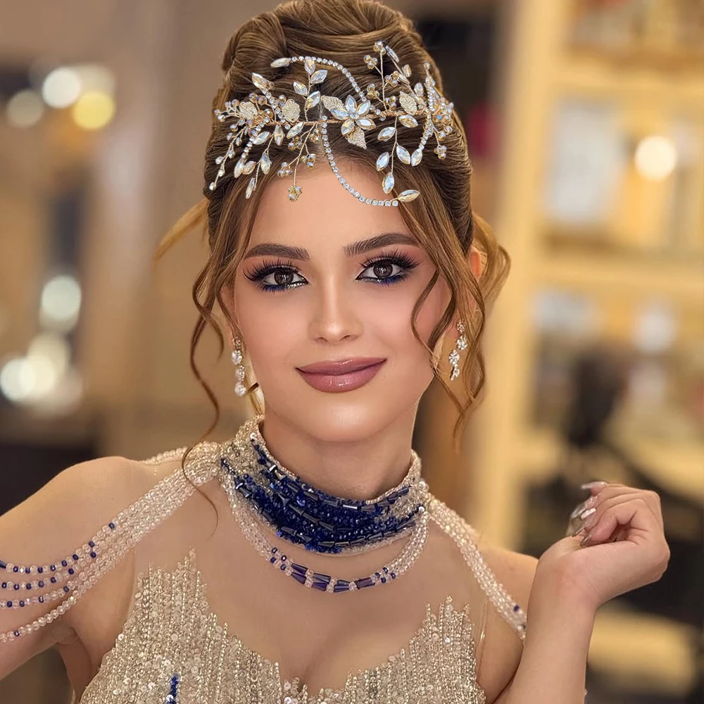 

DZ312 Champagne Wedding Hair Accessories Rhinestone Headpieces Leaf Shaped Bridal Hair Vine Ladies Girls Holiday Tiara Gift