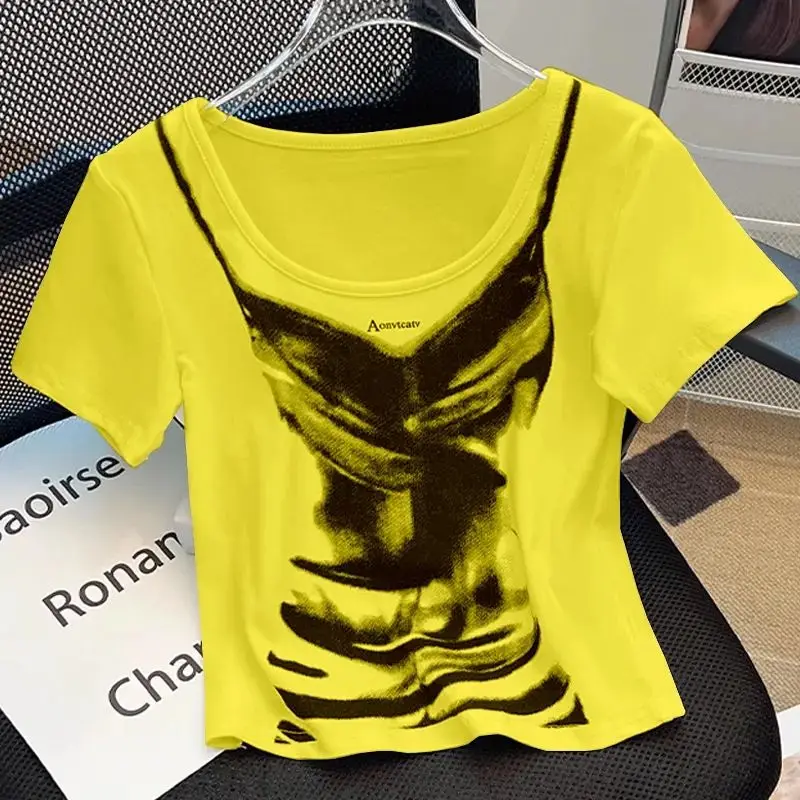 

Fashion O-Neck Printed Fake two pieces Blouses Female Clothing 2025 Summer New Loose Short Sleeve All-match Tops Korean Shirts