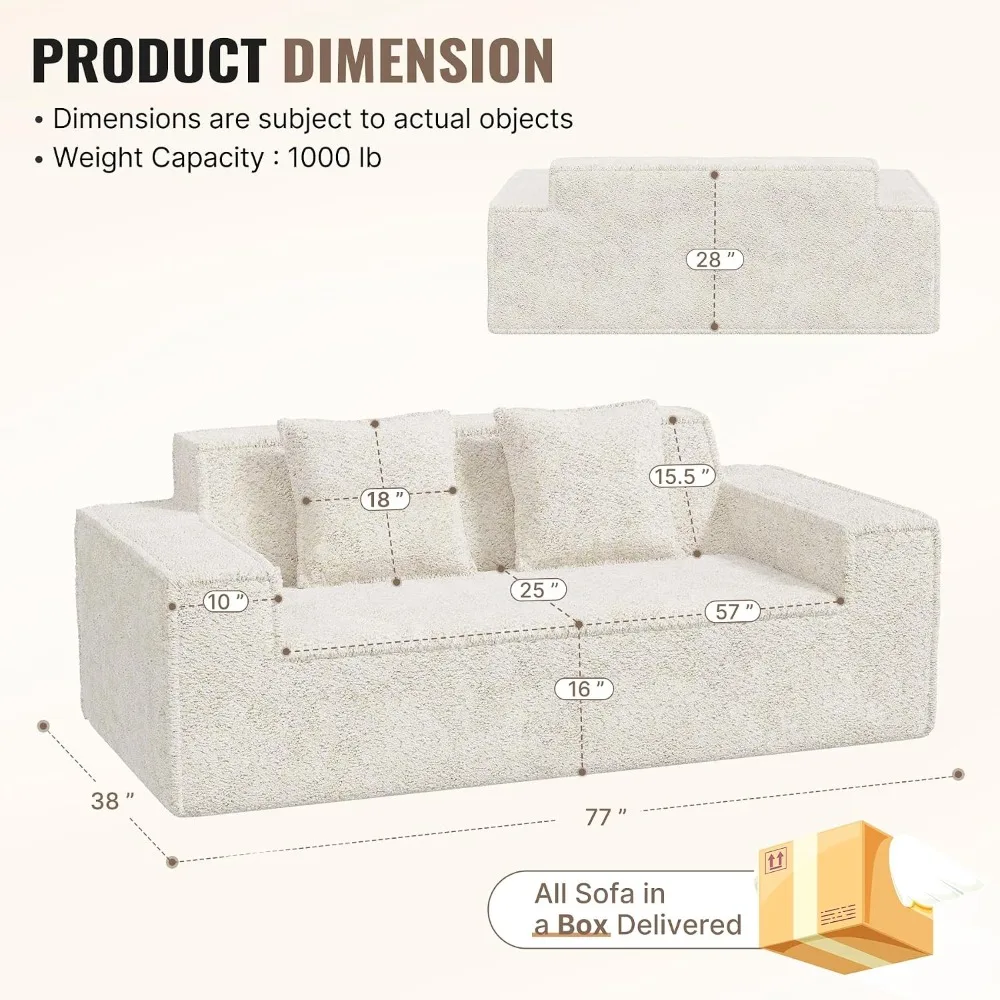 Modern Cloud Loveseat Sofa Chenille, Deep Seat Boneless Couch with 2 Pillows, Beige
