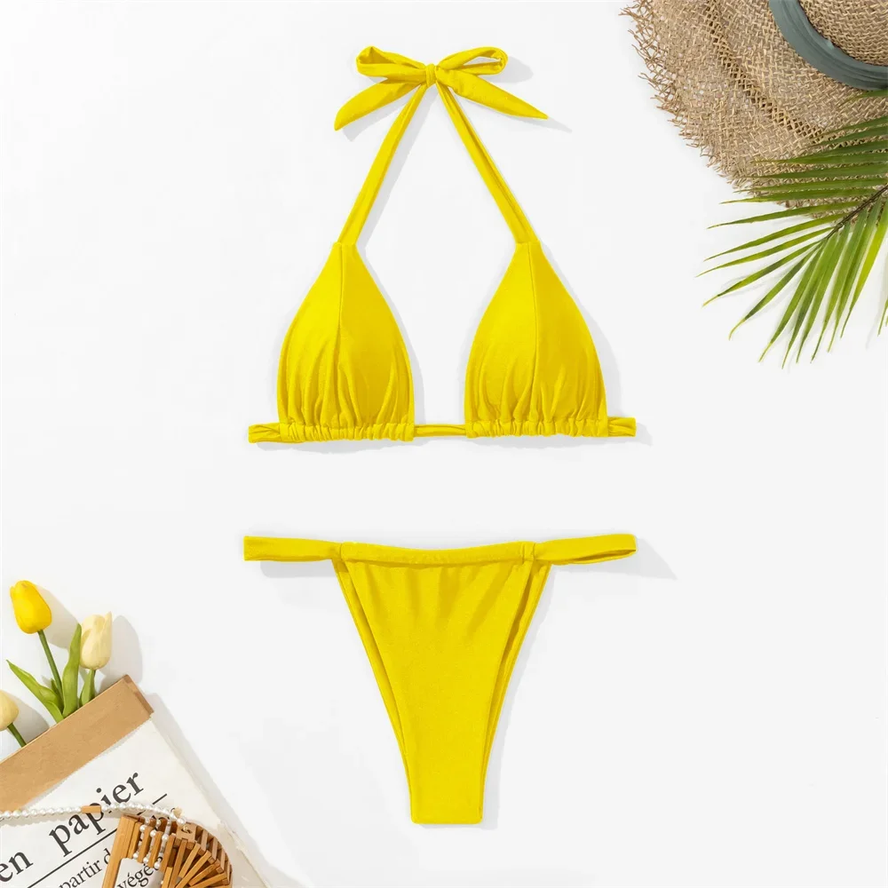 

w jasnej żółtej bikini Push Up Triangle Sets Bowknot Back Bandage Split Swimsuit Y2K Swimwear Women Beach Micro Thong Bathing Suit