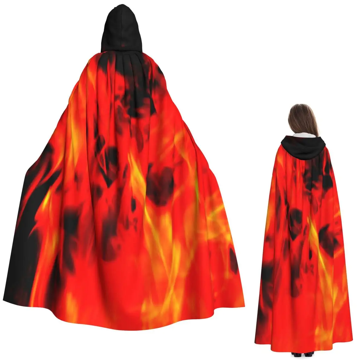 

Fiery Red Realistic Flame Long Hooded Cloak Witch Medieval Costume Cosplay Cape HalloweenCoat Adult Unisex