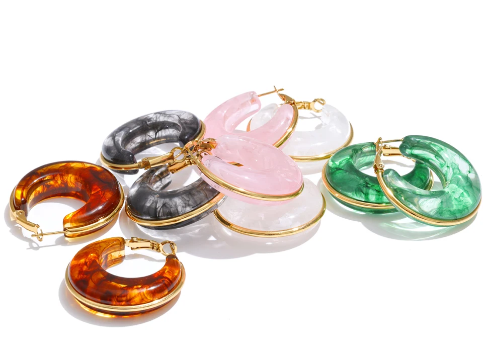 Yhpup Weiß Grün Schwarz Rosa Braun Acetat Acryl Klobige Creolen Täglich Edelstahl Trendige Ohrschmuck Zubehör – Detail 10
