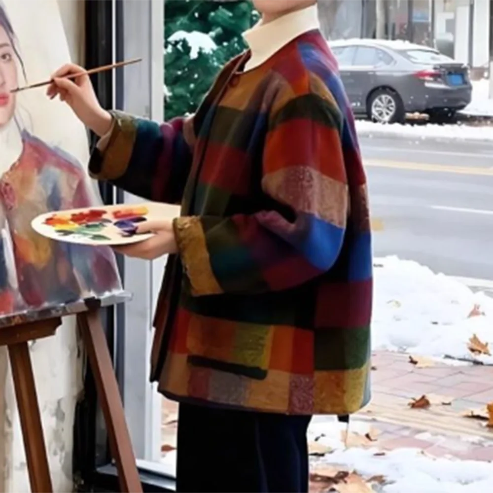 Padded jacket autumn and winter with Korean retro niche color plaid warm woolen coat British style   harajuku