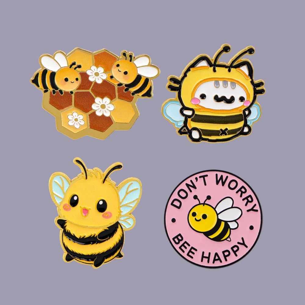 4pcs/set Don't Worry Bee Happy Funny Enamel Brooch Cartoon Bee Badge Backpack Collar Lapel Pin Hat Jewelry Gifts for Friends