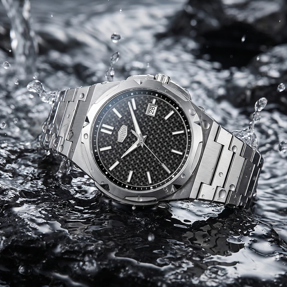 HEROFORCE Business Casual Analog Watch, Anti-Rust Stainless Steel Band, Unique Textured Dial with Calendar Function
